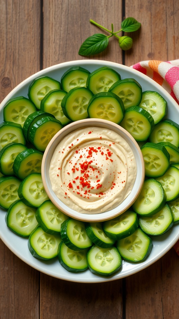 Sliced cucumbers with a bowl of hummus on a rustic table.